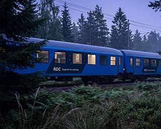 AI visual of a RDC EuroNight carriage travelling through a forest at dusk.